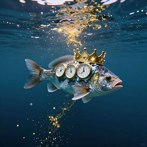 Photograph of a silver fish underwater, adorned with a gold crown and four clock faces, surrounded by sparkling light reflections.