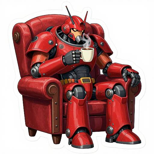 Digital drawing of a red, robotic, mecha warrior with black accents, holding a steaming cup, sitting in a plush, red armchair.