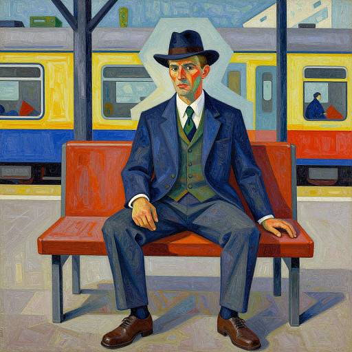 Digital painting of a man in a dark blue suit, gray vest, black tie, and black hat, sitting on a red bench at a train station