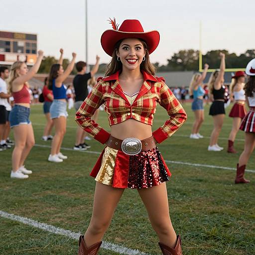 Photograph of a confident Latina cheerleader with long brown hair, red plaid crop top, sequined mini skirt, red cowboy hat, and brown