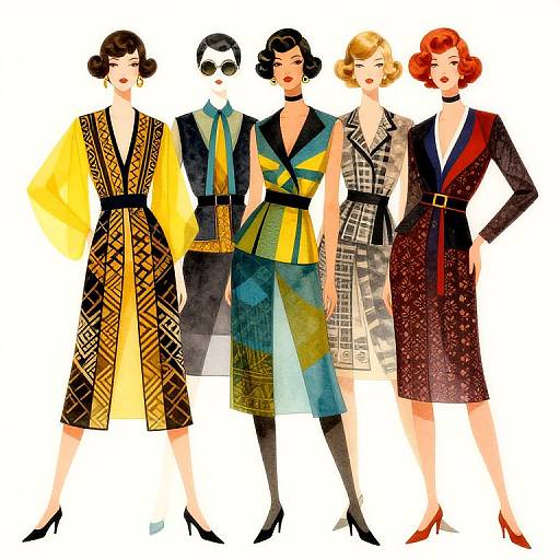 Vintage-style illustration of five stylish women in 1930s-inspired clothing, featuring bold patterns, bright colors, and high heels, standing together.