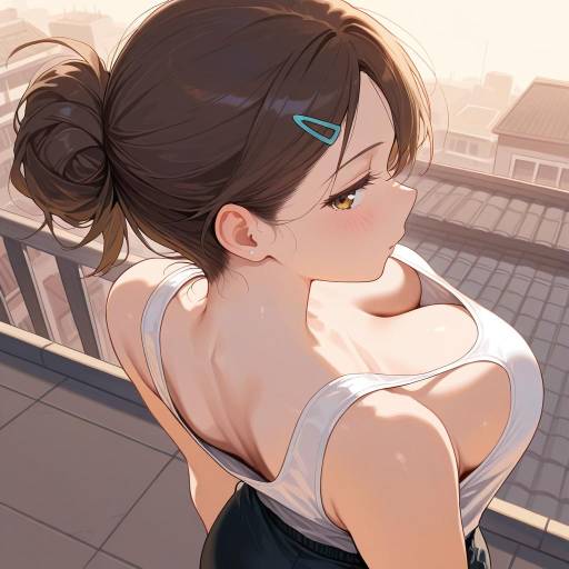 Anime Girl with Messy Bun on Rooftop