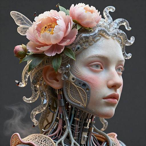 Hyper Realistic Cyborg with Peonies and Insects