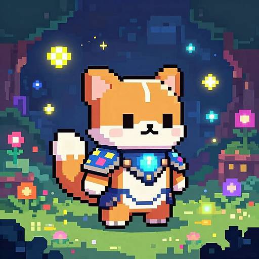 Pixel art of a cute, orange fox with a blue shirt standing in a colorful, starlit forest at night, surrounded by vibrant flowers.