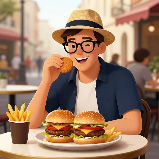 3D digital art of a smiling young man with glasses, straw hat, blue shirt, white tee, eating burger and fries outside.