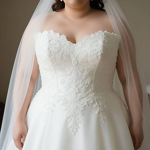 Photograph of a plus-size bride in a strapless, white lace wedding dress with intricate floral embroidery and a flowing veil.