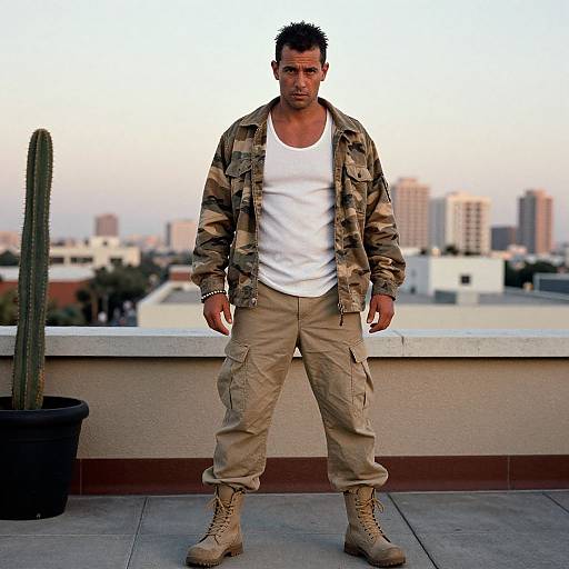 Photograph of a muscular, dark-haired man in a white tank top, camouflage jacket, and beige cargo pants, standing on a rooftop with a city