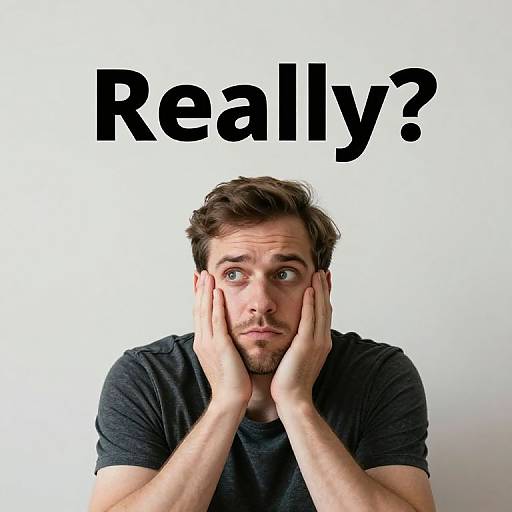 Photograph of a surprised, brown-haired man with blue eyes, hands on cheeks, wearing a black shirt, against a white background with bold black text