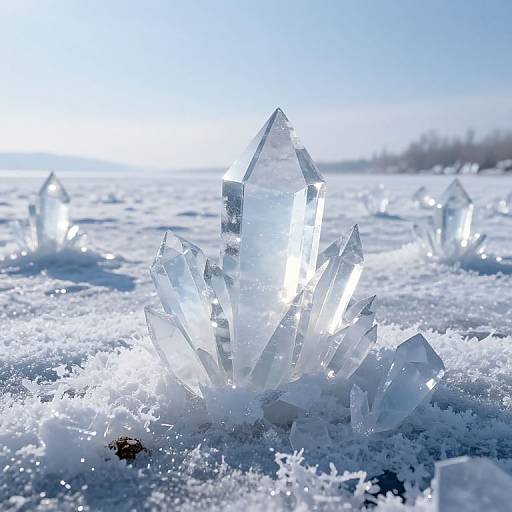 Photograph of crystalline ice structures emerging from a snowy, sunlit landscape, with bright blue sky and distant blurred trees.