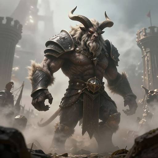 Digital artwork of a muscular, horned demon warrior with fur-covered armor, standing in a foggy medieval castle battlefield. Sunlight illuminates his imposing