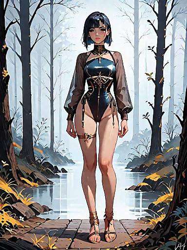 Dark Fantasy Woman in Plunge Neck Swimsuit in Foggy Medieval Forest