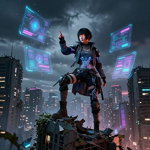 Cyberpunk cityscape at night: a futuristic, armored woman with short black hair stands on ruins, pointing at glowing holographic screens. Neon lights