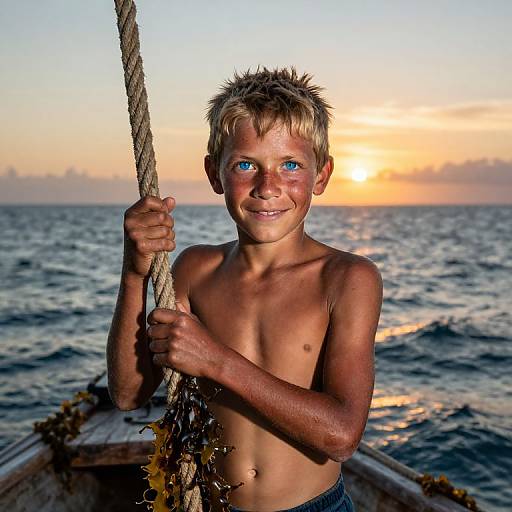 Photograph of a smiling, shirtless young boy with blond hair and blue eyes, holding a rope on a wooden boat at sunset, with a calm