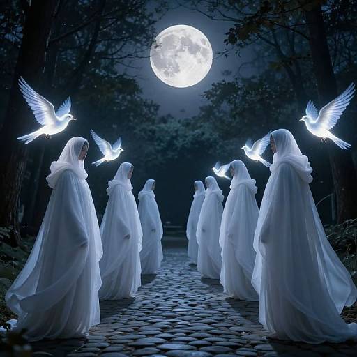 Digital artwork: Moonlit forest path with white robed figures, hooded and ethereal, surrounded by glowing white birds, under a bright full moon