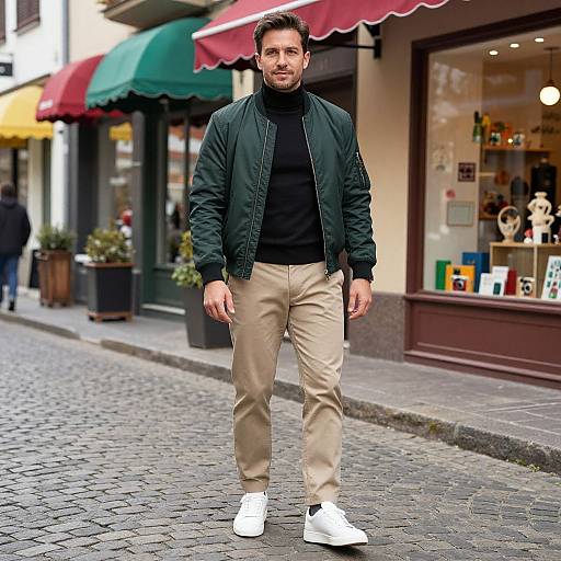 Photograph of a handsome man with a beard, black jacket, black turtleneck, beige pants, and white sneakers, standing on a cobble
