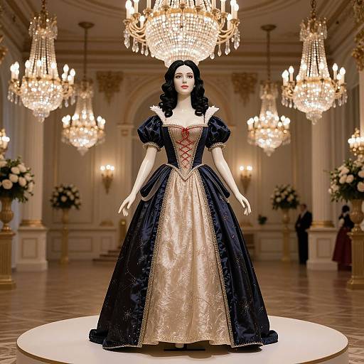 Photorealistic digital illustration of a fair-skinned woman with black wavy hair, wearing a black and gold Renaissance-style gown, standing in an op