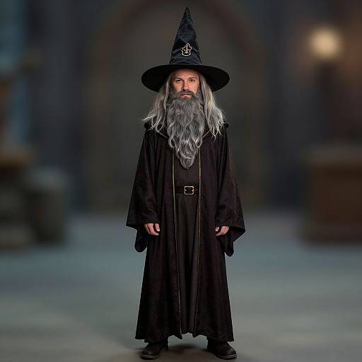 Photograph of a man with long gray beard, black witch hat, and robe, standing in a dimly lit, blurred medieval-style room.