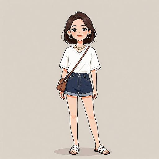 Digital drawing of a young Asian woman with short black hair, wearing a white t-shirt, high-waisted denim shorts, white sandals, hoop earrings