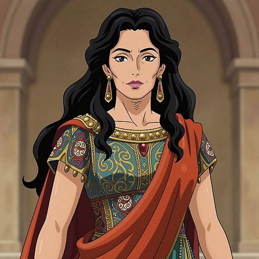 Digital illustration of a regal woman with long black hair, wearing an ornate green and gold dress, red sash, gold earrings, and necklace