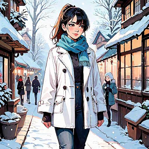 Anime Girl Walking in Snowy Winter Street