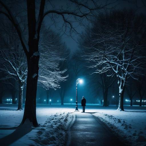 Solitary Figure by Street Lamp in Snowy Night Park