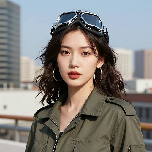 Photograph of an East Asian woman with wavy black hair, wearing goggles on her head, hoop earrings, and a green military-style jacket, against