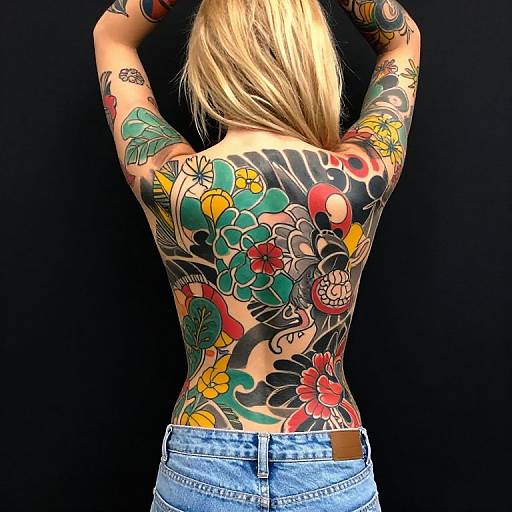 Photograph of a blonde woman, back facing, with vibrant, colorful tattoos covering her arms and back, wearing blue denim shorts against a black background.