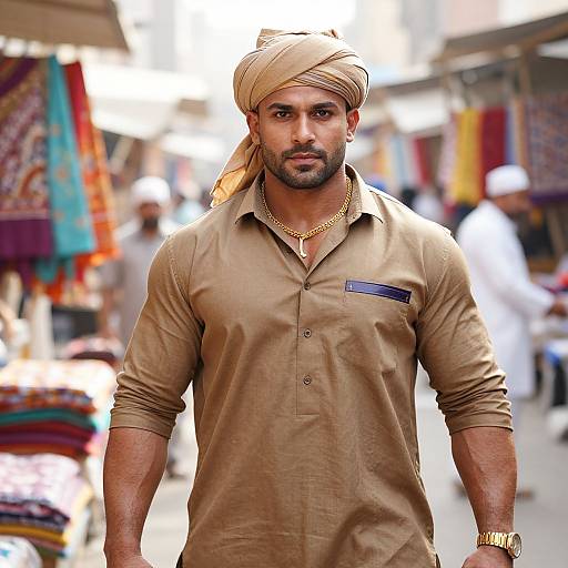Photograph of a muscular, bearded Middle Eastern man with tan skin, wearing a beige turban, long-sleeved beige shirt, gold chain