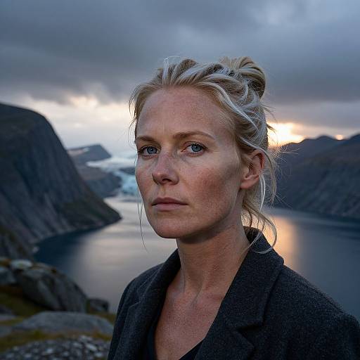 Photograph of a serious, blonde, middle-aged woman with blue eyes and freckles, wearing a dark jacket, standing against a dramatic, cloudy
