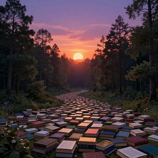 Photograph of a forest at sunset with a colorful sky, silhouetted trees, and a field of neatly arranged, colorful tents.