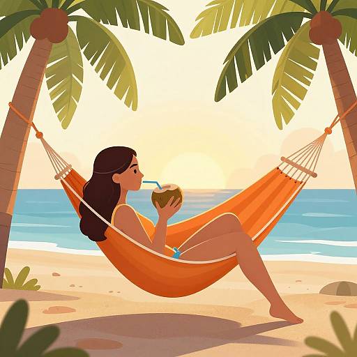 Digital illustration of a woman with long black hair, in an orange hammock, drinking a coconut on a sunny beach with palm trees and ocean backdrop.