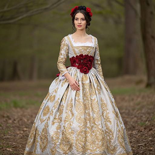 Photograph of a young woman with dark curly hair, wearing a white and gold floral gown with a red rose belt, standing in a forest. She
