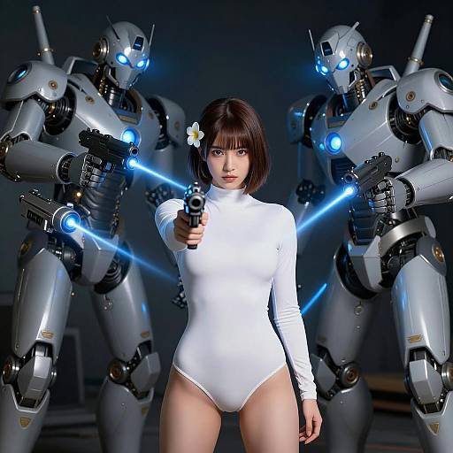 Futuristic Female Surrounded by Robots