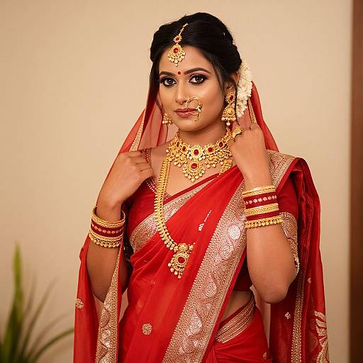 Photograph of an Indian bride in a red saree with gold embroidery, wearing traditional gold jewelry, including a maang tikka, against a beige