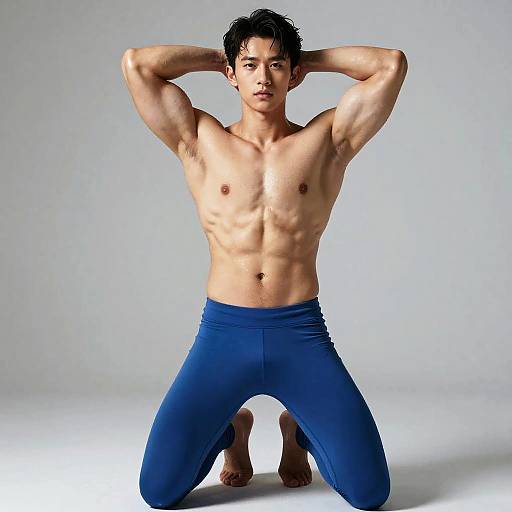 Photograph of a muscular Asian man, kneeling with hands behind head, wearing blue leggings, displaying defined abs and biceps, against a plain white background