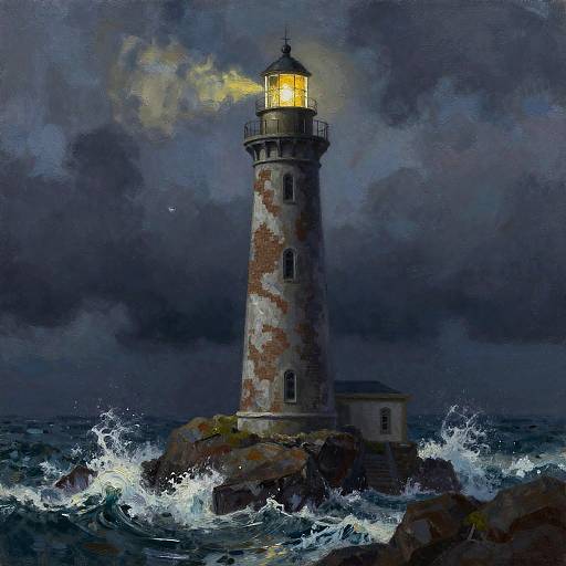 Stormy Dusk Lighthouse Oil Painting