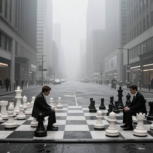 Photograph of two men in black suits playing oversized black-and-white chess on a foggy, empty city street surrounded by tall buildings.