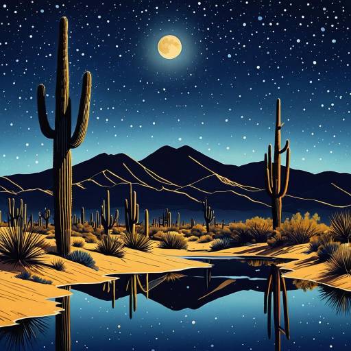 Moonlit Desert Oasis with Cactus Detail