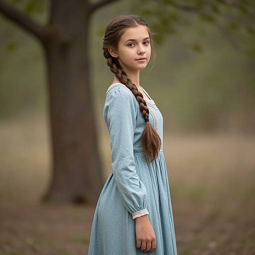 Photograph of a young woman with long braided brown hair, wearing a light blue, long-sleeved dress, standing in a blurred forest background