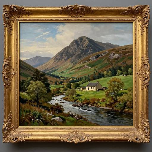 Photograph of a realistic oil painting depicting a serene mountain landscape with a flowing river, small white house, and green hills, framed in an ornate