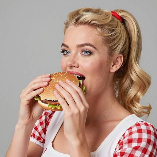 Woman Eating Hamburger in Vintage Outfit