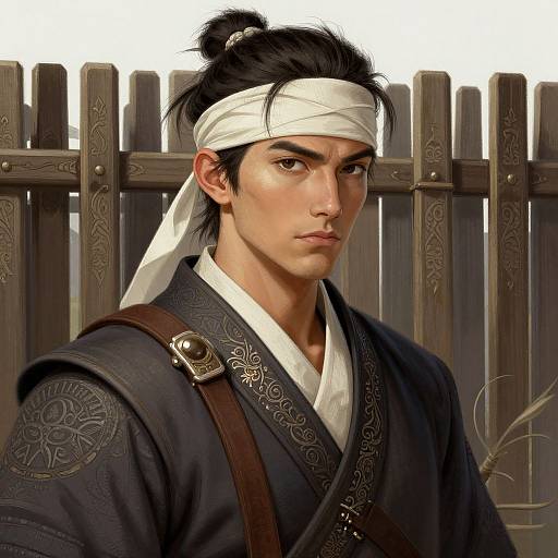 Digital illustration of a handsome Asian man with dark hair in a topknot, white headband, black kimono, and wooden fence background.