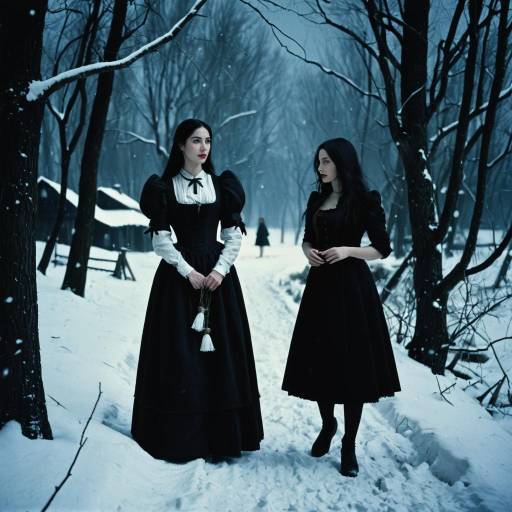 Two Women in Gothic Dresses in Snowy Forest