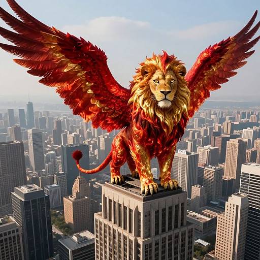 Digital artwork of a fiery red-winged lion standing on a skyscraper, overlooking a densely packed cityscape under a bright blue sky.