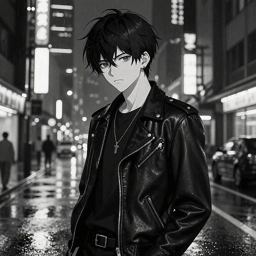 Black-and-white anime-style drawing of a young man with messy black hair, wearing a leather jacket, standing in a rain-soaked, neon-lit