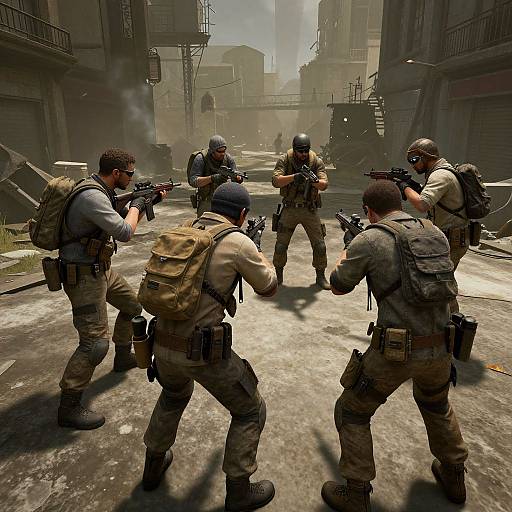 Digital CGI image of six armed soldiers in tactical gear, crouching in a smoky, war-torn urban street, firing rifles.