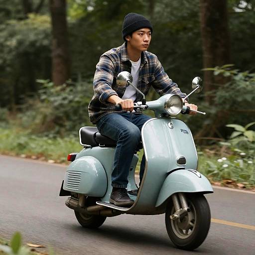 Rider on Classic Moped Through Forest