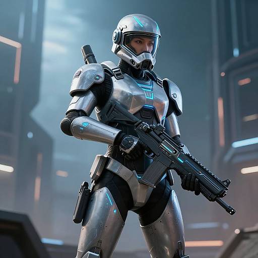 CGI image of a futuristic female soldier in silver armor with blue accents, holding a black rifle, standing in a dimly lit, high-tech city