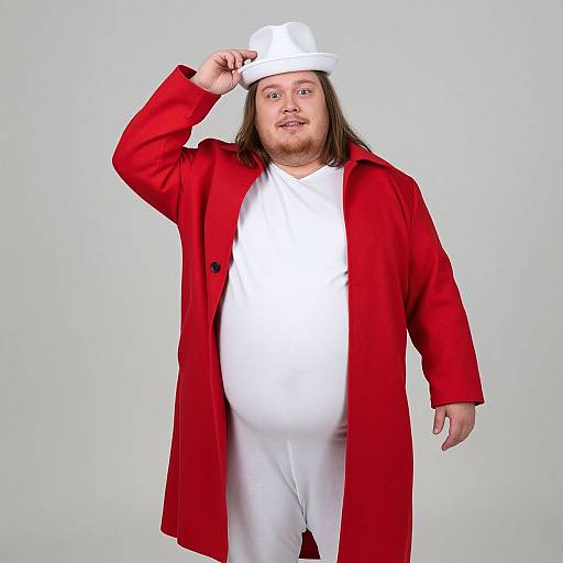 Photograph of a chubby man with long brown hair, wearing a white outfit, red coat, and white hat, standing against a plain white background,