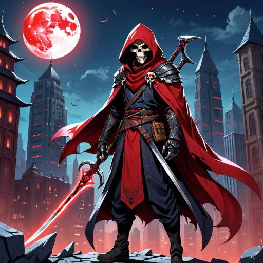 Hooded Skeleton Warrior Under Red Moon